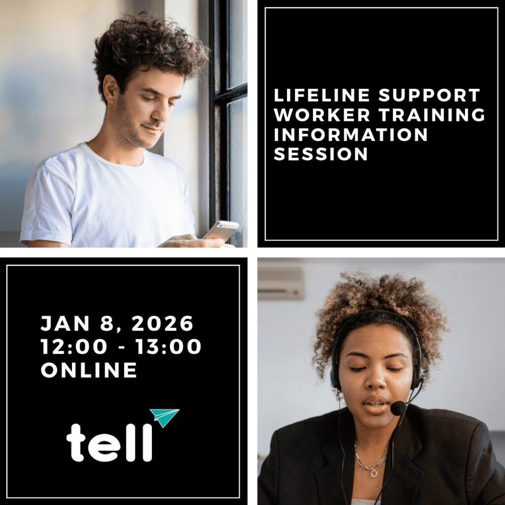Two people chatting on a lifeline. One is wearing a headset while the other is typing on their phone. TELL's upcoming lifeline support worker training information session on January 8, 2026 from 12:00 - 13:00 JST online.