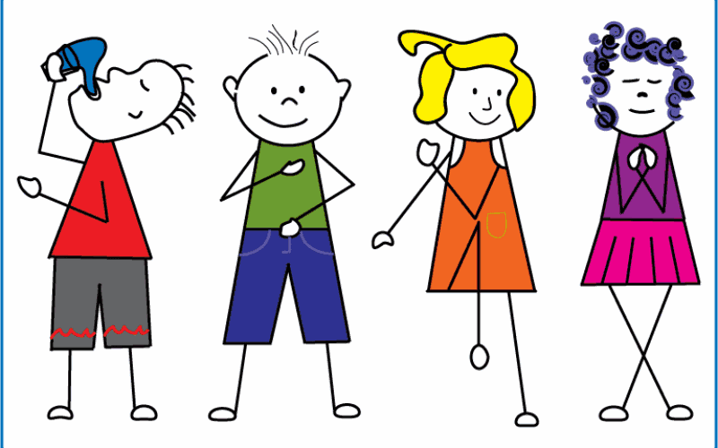 An illustration of boys and girls in colorful clothing drinking water and exercising side by side