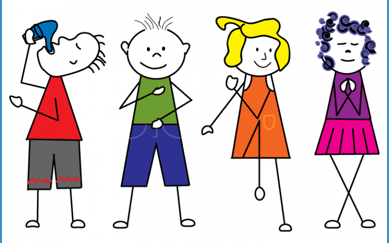 An illustration of boys and girls in colorful clothing drinking water and exercising side by side
