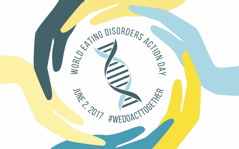 Illustration of colorful hands surrounding a logo for June 2nd is World Eating Disorders Action Day