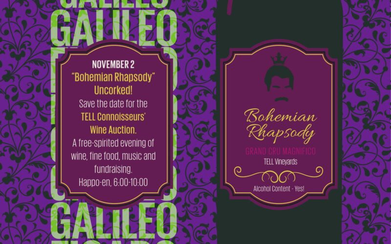 An illustration of wine bottle labelled with Bohemian Rhapsody on purple flower background. The event is on November 2