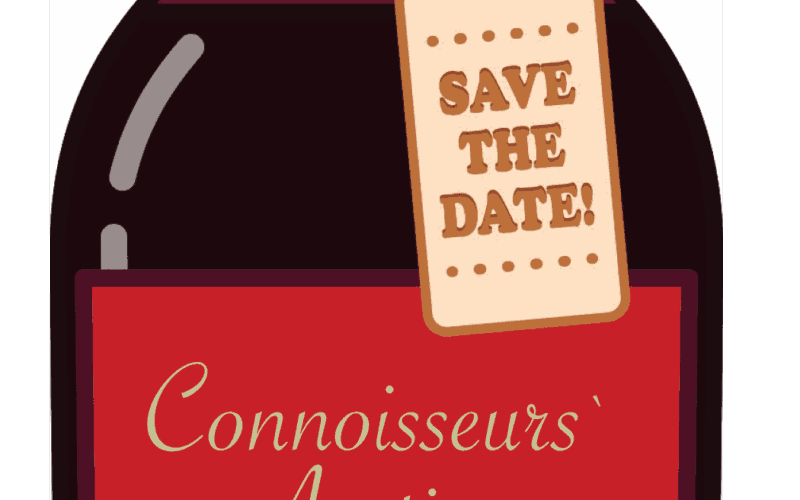 Illustration of a wine bottle with a red label that reads "Connoisseurs' Auction"