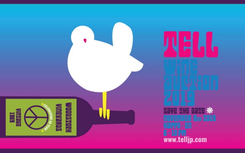 An illustration of a white dove perched on the neck of a wine bottle on a blue and pink gradient background. Tell Wine Auction 2019 on Nov 8, 2019
